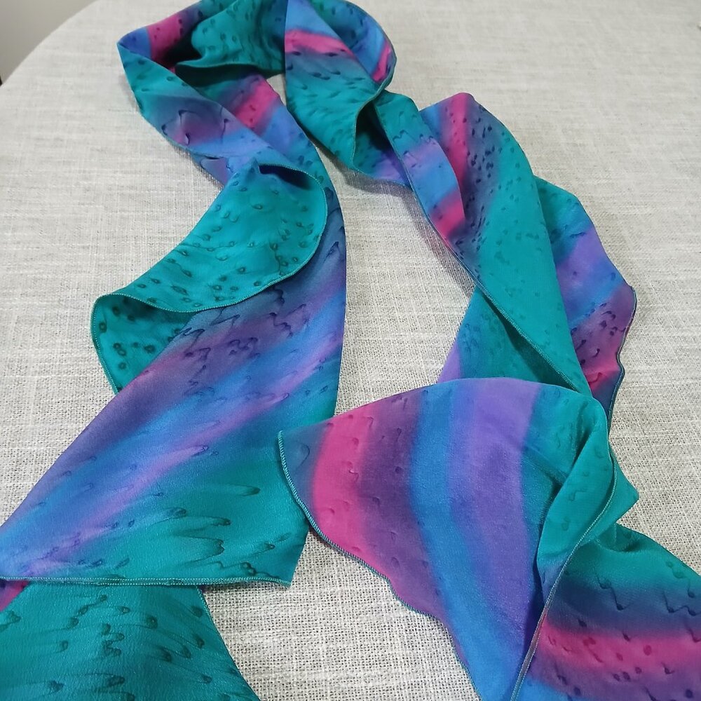 Kriska Swirl Scarf Hand Painted 100% Silk Teal Pink Purple and Blue - Picture 5 of 9